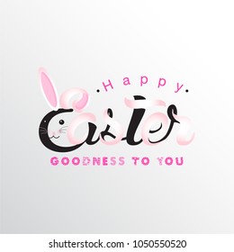 The Little Rabbit In Text Happy Easter. Goodness To You. Vector illustration.
