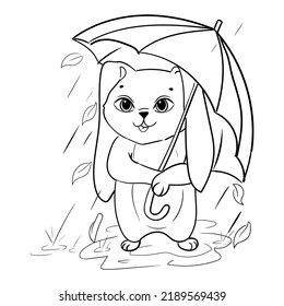 A little rabbit walks in the rain. Hare with an umbrella. Coloring book for children. Vector illustration isolated on white background.