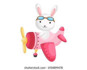 Little rabbit wearing aviator goggles flying an airplane. Funny baby character flying on plane for greeting card, baby shower, birthday invitation, house interior. Isolated cartoon vector illustration
