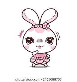 Little Rabbit Wearing Lolita Dress, Shock and Surprise Reactions, Flat Cartoon Style.