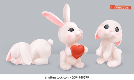 Little rabbits 3d render vector icon set. Easter decorations