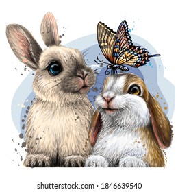 Little rabbits and butterfly   Wall sticker  Color  artistic portrait two cute little rabbits and butterfly in watercolor style white background  Digital vector drawing