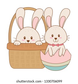 little rabbits with egg painted in basket easter character