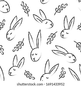 little rabbits leaves branches doodle messy black and white graphic botanical Easter spring pattern isolated on white background