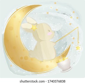 Little Rabbits Lure Stars Over The Crescent Moon in The Gray Sky