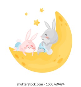 Little rabbits sleep on the moon. Vector illustration on a white background. svg