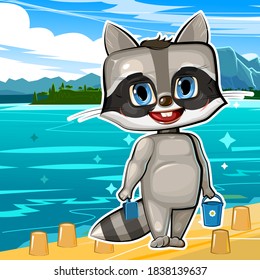 Little raccon on the beach by the sea. Builds sand figures. The child of the animal is resting and playing. Beautiful seascape. Children's illustration. Cheerful cartoon style. Vector	
