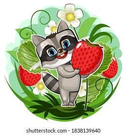 A little raccoon carries a berry as a gift. Baby animal. Against the background of a strawberry bush. Beautiful bright children's illustration. Isolated postcard. Round composition. Cartoon. Vector