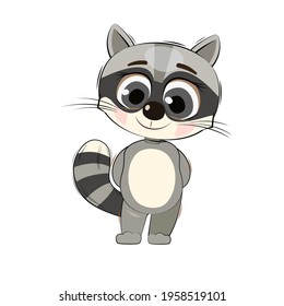 Little raccoon cub. Isolated object on a white background. Cheerful kind animal child. Cartoons flat style. Funny. Vector