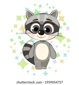 Little raccoon cub. Isolated object on a white background. Cheerful kind animal child. Cartoons flat style. Funny. Vector