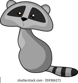 The Little Raccoon Is Depicted In Gray Colors. Naive And Kind Look. Funny Animal. Black- Brown Eyes, Striped Tail. Approaching The Realistic Raccoon.