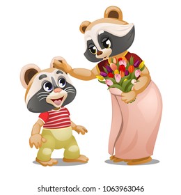 A little raccoon gave a bouquet of tulips to his mother isolated on a white background. The mother caresses the head of his son. Vector cartoon close-up illustration.