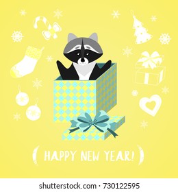 Little raccoon in a gift box. Christmas vector illustration. Greeting card.