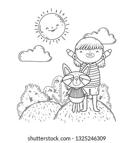 little raccoon with girl in the landscape