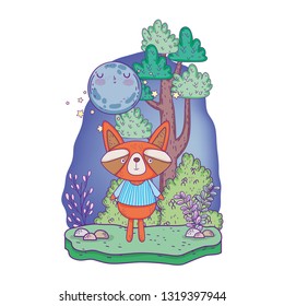little raccoon with moon kawaii in the landscape
