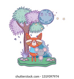 little raccoon with moon kawaii in the landscape