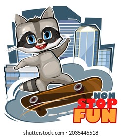 Little Raccoon on skateboard. Cartoon style. Childrens urban sports non stop. Cute baby skater rides on board on asphalt. Skate for children. Isolated object on white background. Vector.