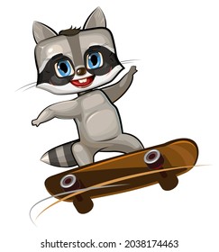Little Raccoon on skateboard. Cartoon style. Childrens urban sports. Cute baby skater rides on board. Skate for children. Isolated object on white background. Vector.