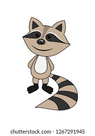 The little raccoon is smiling. On a white background a small gray raccoon with a striped tail. Vector image.