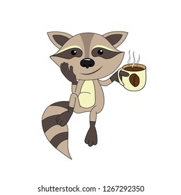 The little raccoon is smiling. On a white background a small gray raccoon with a striped tail. Vector image.