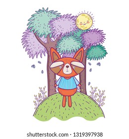 little raccoon with sun kawaii in the landscape