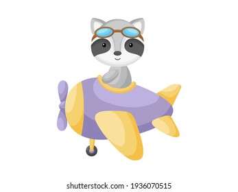 Little raccoon wearing aviator goggles flying an airplane. Funny baby character flying on plane for greeting card, baby shower, birthday invitation, house interior. Isolated vector illustration