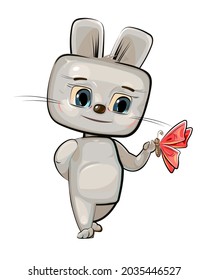 Little Raccoot is friends with a butterfly. Funny comedian animal stands and smiles. Cute cartoon style. Childrens illustration clipart is isolated on a white background. Vector.