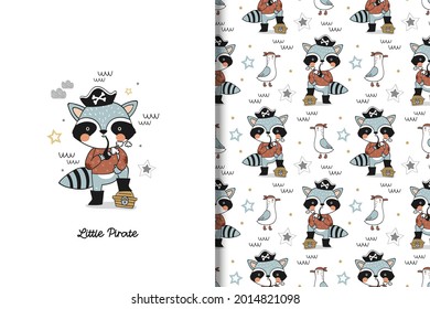 Little racoone cute pirat card and seamless pattern for kids