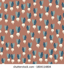 Little radish ornament seamless pattern. Autumn palette. Brown background. Stylized food artwork. Decorative backdrop for wallpaper, textile, wrapping paper, fabric print. Vector illustration.
