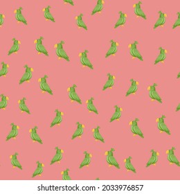 Little random green parrots silhouettes seamless doodle pattern. Pastel pink background. Simple print. Perfect for fabric design, textile print, wrapping, cover. Vector illustration.