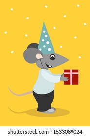 Little rat boy with gift box. Symbol of the year 2020. Calendars, cards, posters, Advent calendar for Christmas and New Year. 

