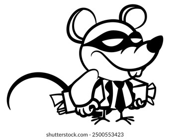 Little Rat cartoon characters wearing mask and formal outfit, carrying two suitcase with full money with its hands.Best for outline, logo, and mascot with corruption in government themes