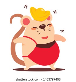 Little Rat with Chinese gold on top of head. Chinese New Year. The year of the Rat. - Vector flat art