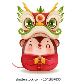 Little rat and dragon dance head. zodiac mice of Animal lucks year 2020 of the rat. Chinese New Year.  Cartoon vector illustration isolated on a white background.