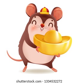 Little rat with holding chinese gold , Ingot. zodiac mice of Animal lucks year 2020 of the rat. Chinese New Year.  Cartoon vector illustration isolated on a white background.