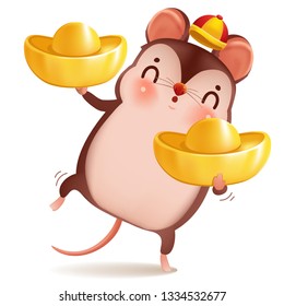 Little rat with holding chinese gold , Ingot. zodiac mice of Animal lucks year 2020 of the rat. Chinese New Year.  Cartoon vector illustration isolated on a white background.