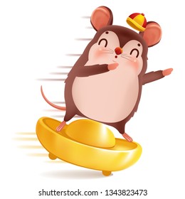 Little rat with holding chinese gold , Ingot. zodiac mice of Animal lucks year 2020 of the rat. Chinese New Year.  Cartoon vector illustration isolated on a white background.
