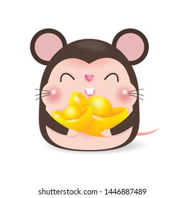 Little rat with holding Chinese gold, Happy Chinese new year 2020 year of the rat zodiac, Cartoon vector illustration isolated on white background.