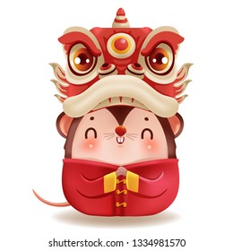 Little rat and lion dance head. zodiac mice of Animal lucks year 2020 of the rat. Chinese New Year.  Cartoon vector illustration isolated on a white background.