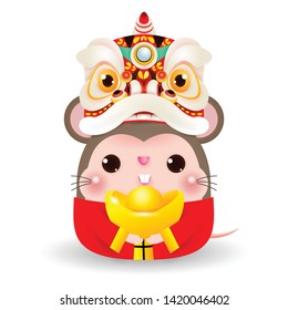 Little rat with Lion Dance Head holding Chinese gold, Happy Chinese new year 2020 year of the rat zodiac, Cartoon vector illustration isolated on white background.