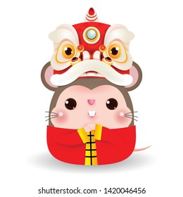 Little rat with Lion Dance Head, Happy Chinese new year 2020 year of the rat zodiac, Cartoon vector illustration isolated on white background.