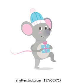 A little rat or a mouse holding a gift. An animation character or a child's illustration of the Chinese New Year symbol.