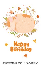 The little rat mouse sleeps, curled up, with brown spots on the back. cute card