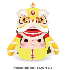 Little rat performs Lion Dance, Happy Chinese new year 2020 year of the rat zodiac, Cartoon vector illustration isolated on white background.