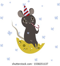 little rat with a slice of cheese and candy. New Year card on a white background. vector illustration