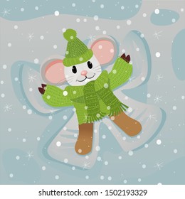 A little rat in sweater making snow angel. 2019 Chinese New Year of the Pig. Christmas greeting card