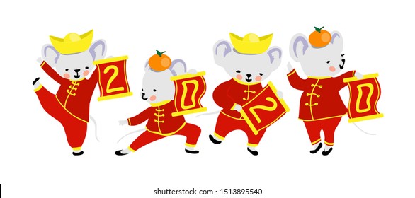 The Little Rats with Chinese scroll 2020 and with gold and orange. Chinese New Year. Gong Xi Fa Cai. The year of rat. Vector illustration for red envelope, card