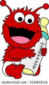 Little Read monster holding baby bottles vector cartoon illustration