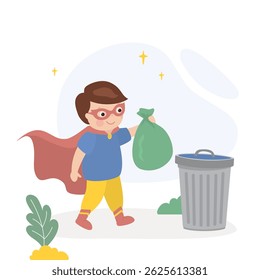Little recycle super hero boy recycling garbage. Design isolated on white background. Funny kid in hero costume throwing away trash into a bin. Ecology, reuse trash. flat vector illustration