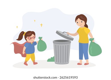 Pequena reciclar super-heroína menina reciclando lixo. Design isolado em fundo branco. Mãe e criança engraçada em traje de herói jogando lixo fora na lixeira. Ecologia, reutilizar lixo. ilustração de vetor plana